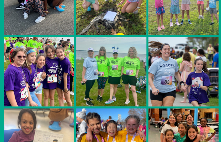 collage of 9 photos showing girls and coaches joyfully participatig in Girl son the Run actvities. 